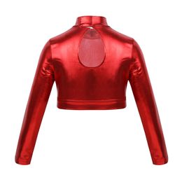 Kids Girls Metallic Dance Tops Gymnastics Leotard Clothes Glossy Long Sleeves Crop Tops for Workout Stage Performance