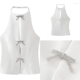 Women's Tanks Diamond Bow Shirt Summer Casual Hanging Neck Hollow Sleeveless Street Tank Top 2024 Fashion Solid Colour Slim Fit Y2K