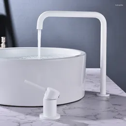 Bathroom Sink Faucets White Basin Faucet Long Pipe Two Holes Widespread Tap 360 Rotating