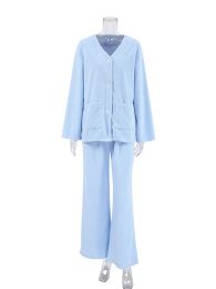 Hiloc Blue Woolen Warm Winter Women's Pajamas Single-Breasted V-Neck Women Pajama Full Sleeve Double Pockets Sleepwear 2024 New