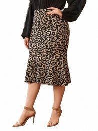 gibsie Plus Size Leopard Print Mermaid Hem Bodyc Skirt Women 2024 Spring Summer Elegant High Waist Office Party Midi Skirts Z6uS#