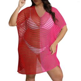 Women's Swimwear Plus Size Clashing Colour Splicing Deep V Hollowed Out Woven Shirt Outer Cover-ups Eye-catching Trendy