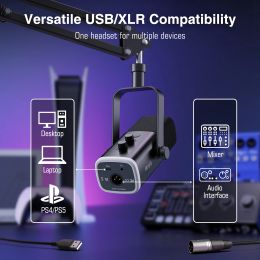 FIFINE XLR/USB Gaming Microphone Kit with Headphone Jack/Mute/RGB /Arm Stand,Dynamic Mic Set for PC PS5/4 Mixer AmpliGame AM8T