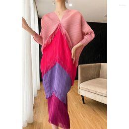 Party Dresses 2024 Miyake Pleated Women's Red Tassel Pullover Cape Striped Dress Jacquard Spring Warp Knitted Thermal Shawl Vintage