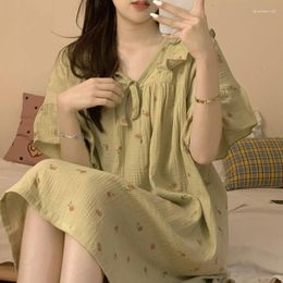 Women's Sleepwear Korean Sweet Short Sleeved Nightgown For Women Fashionable Printed V-Neck Bow Pajama Summer Casual Home Ladies Nightdress