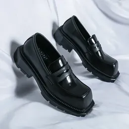 Dress Shoes Men Loafers Square Toe Platform Fashion Formal Men's Slip-On Black Patent Leather Business