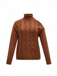 onelink Turtleneck Knitted Plus Size Women Autumn Winter Pullover Sweater Asymmetrical Hollow Out Shoulder Cable Pattern Tops G6mf#