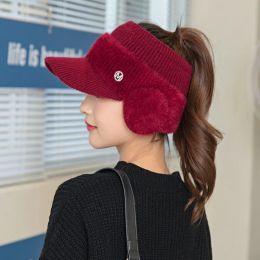 Faux Fur Knitted Visor Cap For Woman Earmuff Winter Baseball Ponytail Hat Elastic Empty Top Hat Skiing Cycling Outdoor Hat