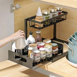 Kitchen Storage L-shaped Cabinet Rack Sink Detachable Pull-out Drawer Basket Organising And Storing