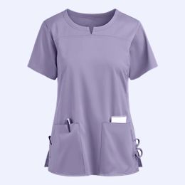 Plus Size Nursing Scrubs Women Blouse Short Sleeve Nurse Working Uniforms Nurse Solid Color Top Tshirt V-neck Pocket A50