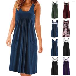 Casual Dresses Summer Tank Dress Sleeveless Knee Length Mini Women Pleated Vest Striped Print Holiday Vestidos Robe 2024