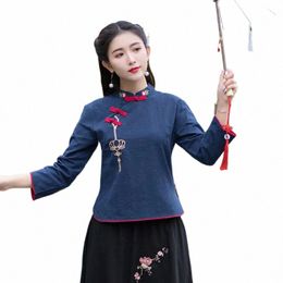 linen clothing for women lg sleeve tops hanfu female chinese style top tang suit female Chinese traditial ethnic s4Eg#