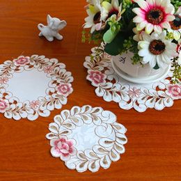 Table Mats Round Rose Flower Embroidery Place Mat Pad Cloth Placemat Coffee Tea Kitchen Cup Christmas Decor