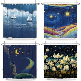 Shower Curtains Oil Painting Curtain Sunset Night Sea Scenic Waterproof Polyester Bathroom Decor Bath With Hooks