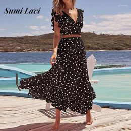 Work Dresses Women Fashion Polka Dot Print 2Pc Suit Elegant V-neck Ruffles Tops & Long Skirt Outfits 2024 Casual Sleeveless Beach Sets