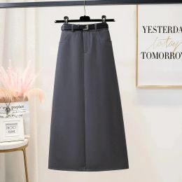 Black Straight Long Suit Skirt With Belt Women Autumn Winter Korean High Waist Gray Midi Skirts Students Office Lady Casual Saia