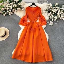 Casual Dresses Clothland Women Elegant Tassel Flower Midi Dress V Neck Flare Sleeve Candy Colour European Style Vintage QD476