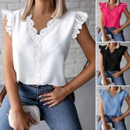 Women's Blouses Solid Color Women Tee Stylish V-neck Lace Splicing Blouse With Ruffled Sleeves Loose Fit Casual Shirt For Summer