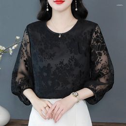 Women's Blouses Loose Hollow Lace Blouse Women Shirt Top Casual O-Neck Solid Black White Basic Chiffon Spring Summe Party Work