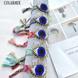 Strand 3 Pieces Weave Beads Blue Eyes Charms Bracelet Handcrafted Lovely Wide Adjustable Cotton Wave Tassel Jewelry 40294