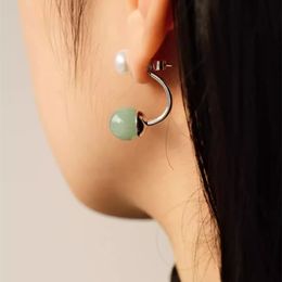 Fashion Vintage Inlaid Pearl Green Jade Front and back Dual-Purpose Earrings For Women's Light Luxury Charm Design High-End Jewellery