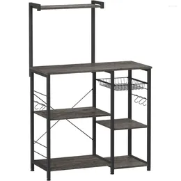 Kitchen Storage Baker's Rack Microwave Stand With Wire Basket 6 Hooks And Shelves For Spices Pots Pans Charcoal Gray Black