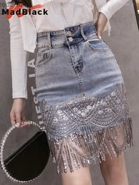 Skirts Skorts Summer Korean Sexy Women Denim Mini Skirts High Waist Blue Package Hip Jeans Fashion Beading Tassel SKirt New Hot 2022 B05601 240330