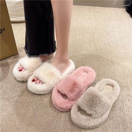 Slippers Autumn Women's Modern Platforms Flat Heel Plush Indoor Open Toe Slides Boot Sweet Furry Girl Home Cotton Shoes