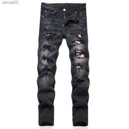 Men's Jeans Mens crystal black denim jeans multi-color patches work patches elastic pants bullet holes ultra-thin tapered TrousersL2403