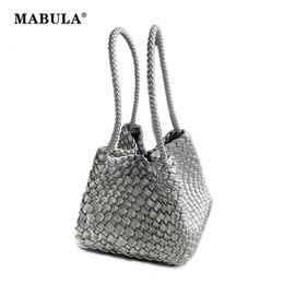 MABULA 2 Pcs Set Silver Women Woven PU Leather Top Handle Handbag Fashion Square Vegetable Basket For Shopper High Quality Purse 240328