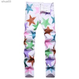 Men's Jeans Mens colorful celebrity printed jeans fashionable painted elastic denim pants white ultra-thin tapered pantsL2403