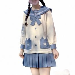 japanese School Uniform Suit Bowknot Sailor Collar Carto Cat Spring Autumn Lg Sleeve JK Uniform High Waist Pleated Skirt Set q9SJ#