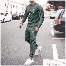 Mens T-Shirts Men Set Tracksuit Sportsuits Gentlemen T-Shirt Suit Long Sleeve Pure Color Coat Pants Gyms Casual Sportswear Suitmens Dr Dhemv