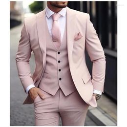 Men's Suits Pink Formal 3 Pieces Peaked Lapel Terno Wedding Groom Outfits Jacket Pants Vest Slim Fit Luxury Costume Homme