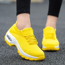 Loafers Cushioning Women Sock Sneakers Breathable Mesh Yellow flat Shoes Height Increasing Wedge Sports Shoes Thick Sole Platform 42