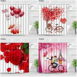 Shower Curtains Valentine's Day Red Rose Heart Balloon Romantic Couple Paris Tower Pattern Polyester With Hooks Bathroom Decor