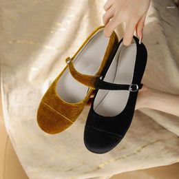 Casual Shoes 2024 Spring Summer Women Pumps Natural Leather 22-24.5cm Flock Pigskin Buckle Mary Jane Retro Comfort