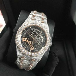 Wristwatches New Version Skeleton VVS1 Diamonds Watch PASS TT Rose Gold Mixed Sier Top quality Mechanical ETA movement Men Luxury 3100