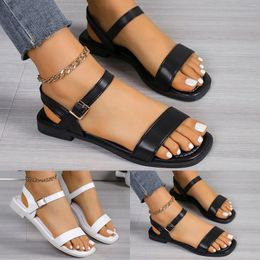 Sandals 2024 Flats Roman For Ladies Leather Flat Buckle Thin Strap Solid Color Beach Open Toe Thick Soled Women Footwear