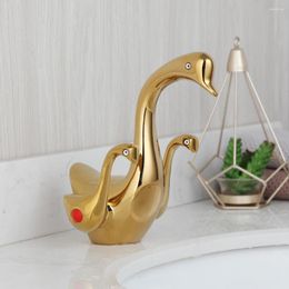 Bathroom Sink Faucets KEMAIDI Brass Archaistic Swan Faucet Wash Basin Tap And Cold Water Cabinet Gold Retro Mixer