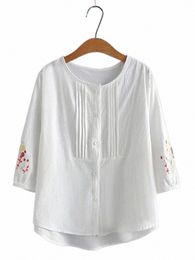 Artı Boyut Kadın Giyim Gömlek Yaz N-Stretch Cott Blend O-Neck Üstler Pileli Tasarım Frt Göğüs Kollu İşlemeli 74PW#