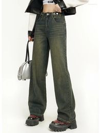 Women's Jeans Blue For Women Denim Pants Button High Waisted Streetwear Casual Wide Leg Korean Fashion Vintage Straight Mop