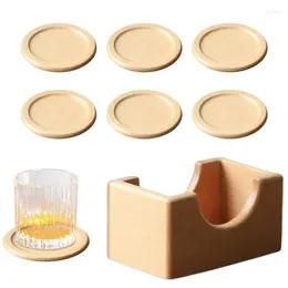 Table Mats Wooden Coasters With Holder 6pcs Set Cute Beer Tabletop Protection Decor For Kitchen Coffee Home