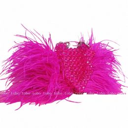 2024 Trend Ostrich Hair Designer Flap Cosmetic Bag Homemade Bead Women's Handbag Cute Versatile Luxury Bags Woman T4UT#