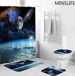 Shower Curtains Blue Sci-fi Planet Pattern Bath Stars Non-slip Mat Toilet Lid Cover Bathroom Set With Curtain And Rugs