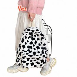 fi Plush Backpack For Women Large Capacity Girl School Bag Cute Cow Pattern Rucksack Winter New Travel Knapsack f6rA#