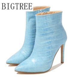 HOT Autumn Stiletto Thin High Heels Zipper Snake Style Sexy Womens Boots Bota Feminina Pointed Toe Leather Green Ankle Boot
