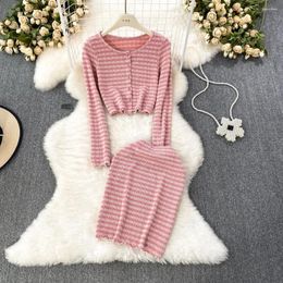 Work Dresses 2024 Fashion Set Women's Korean Long Sleeved O- Neck Single Breasted Striped Knitted Top High Waist Slim Skirt Two Piece