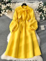 Casual Dresses Candy Color Party Dress For Women Spring Autumn Fashion Bow Tie Lantern Long Sleeve Waist-Controlled Large Hem Female