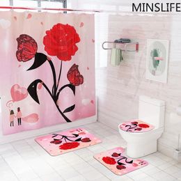 Shower Curtains Red Butterfly Rose Curtain Set Bath Mats Rugs Love Lover Toilet Cover Non-Slip Mat Bathroom Valentine's Day